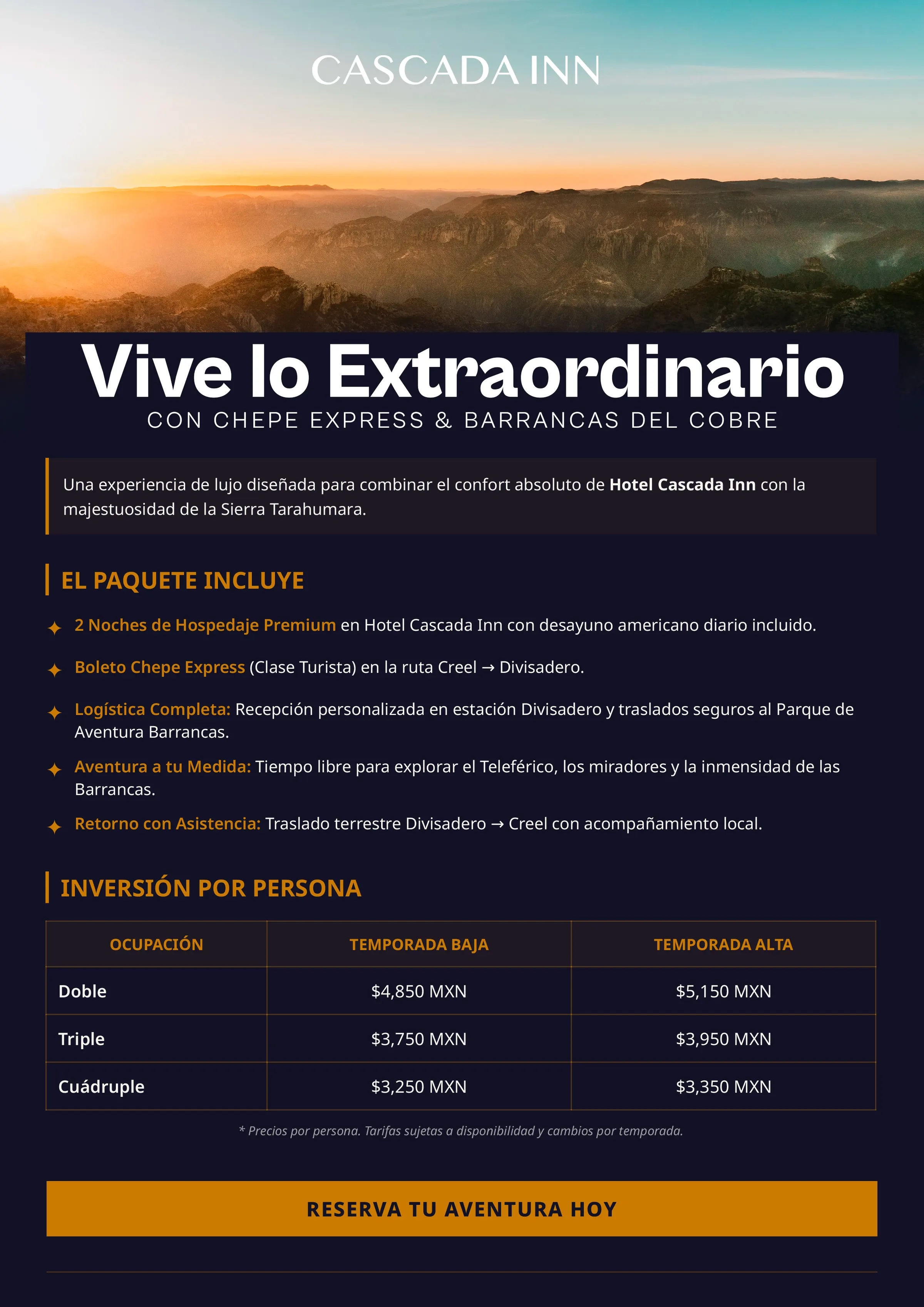 Promoción Paquete Barrancas Premium con hospedaje, Chepe Express y traslados